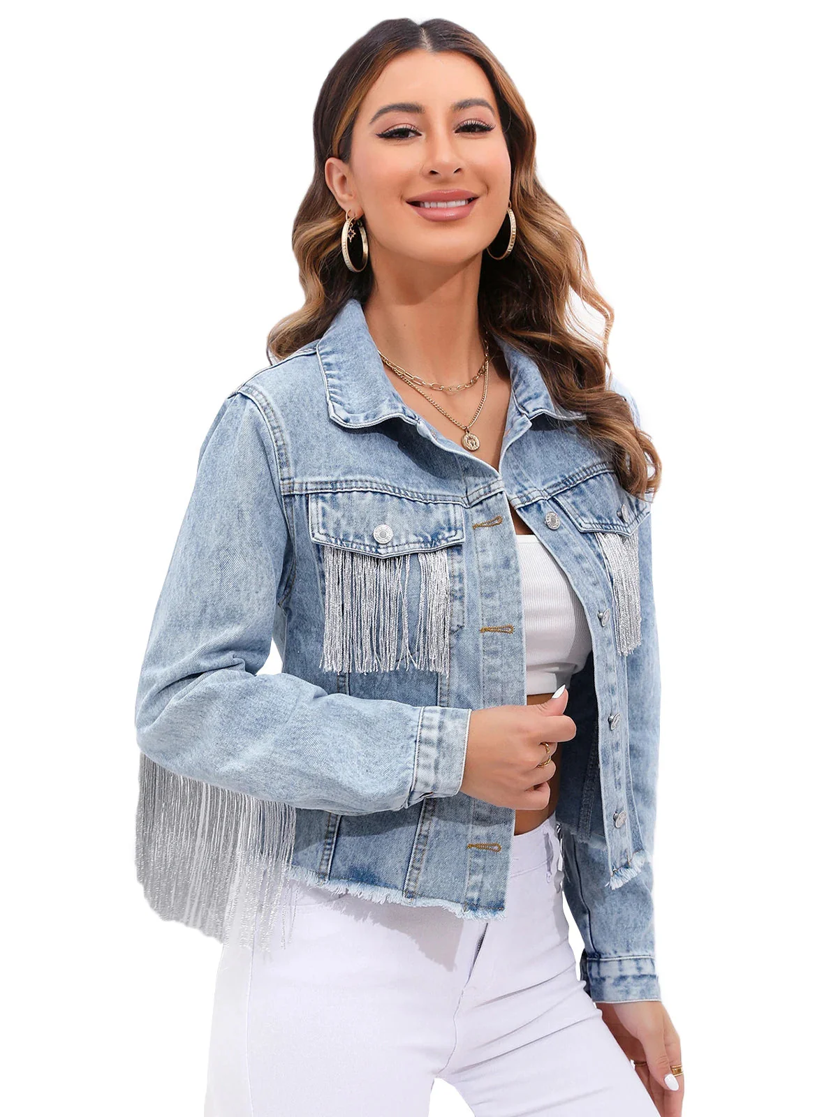 Women’s Cropped Denim Jacket with Fringe Detailing and Structured Fit - Image 5