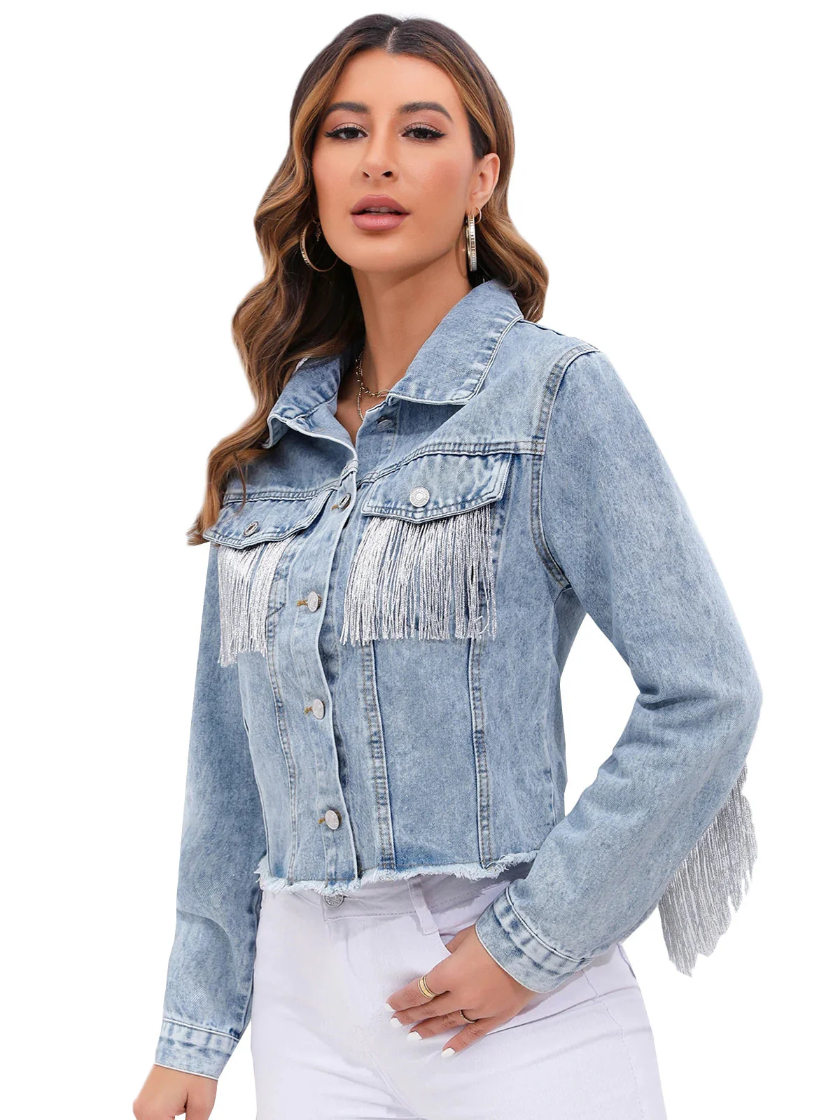 Women’s Cropped Denim Jacket with Fringe Detailing and Structured Fit - Image 6