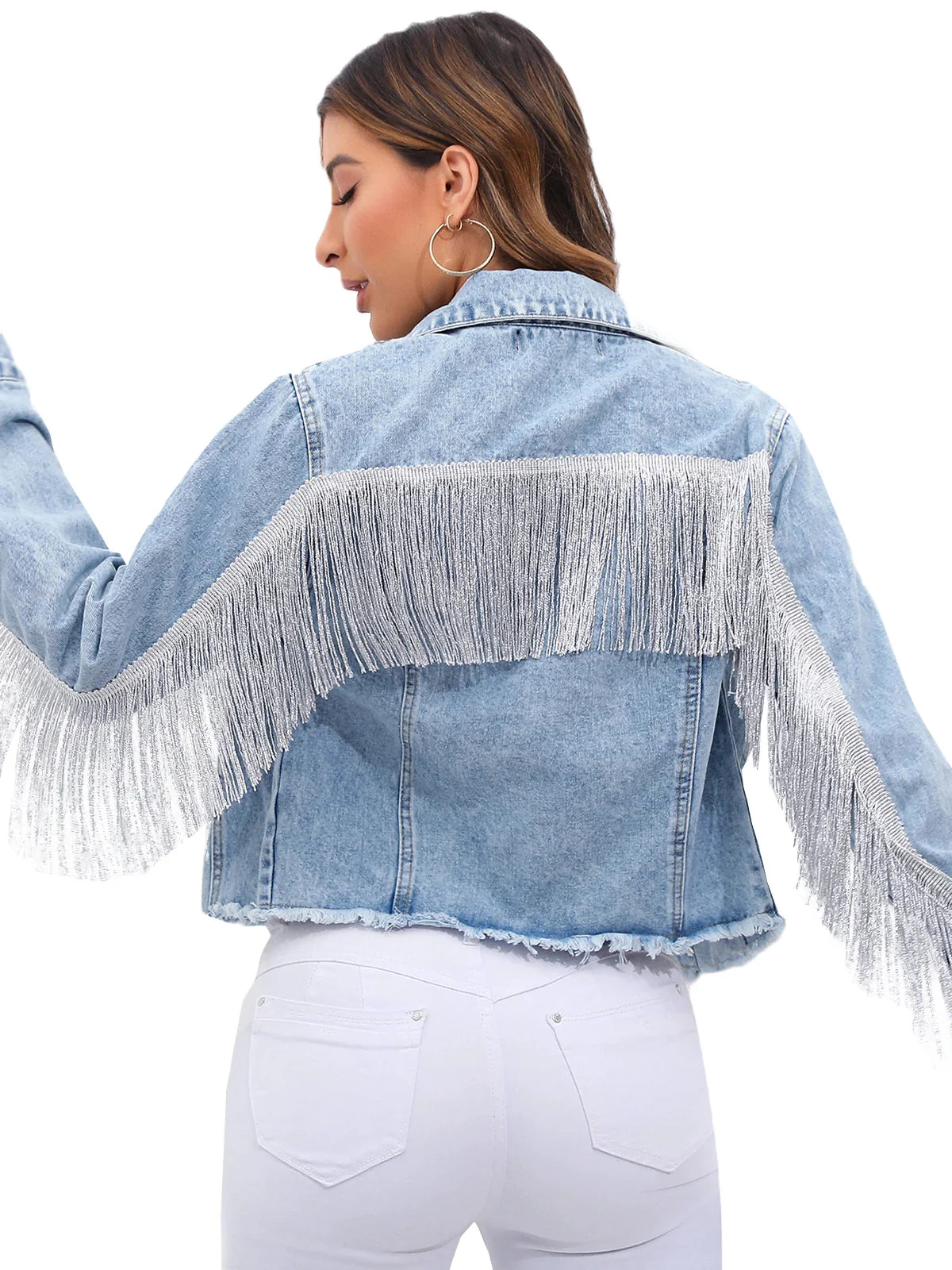 Women’s Cropped Denim Jacket with Fringe Detailing and Structured Fit - Image 7