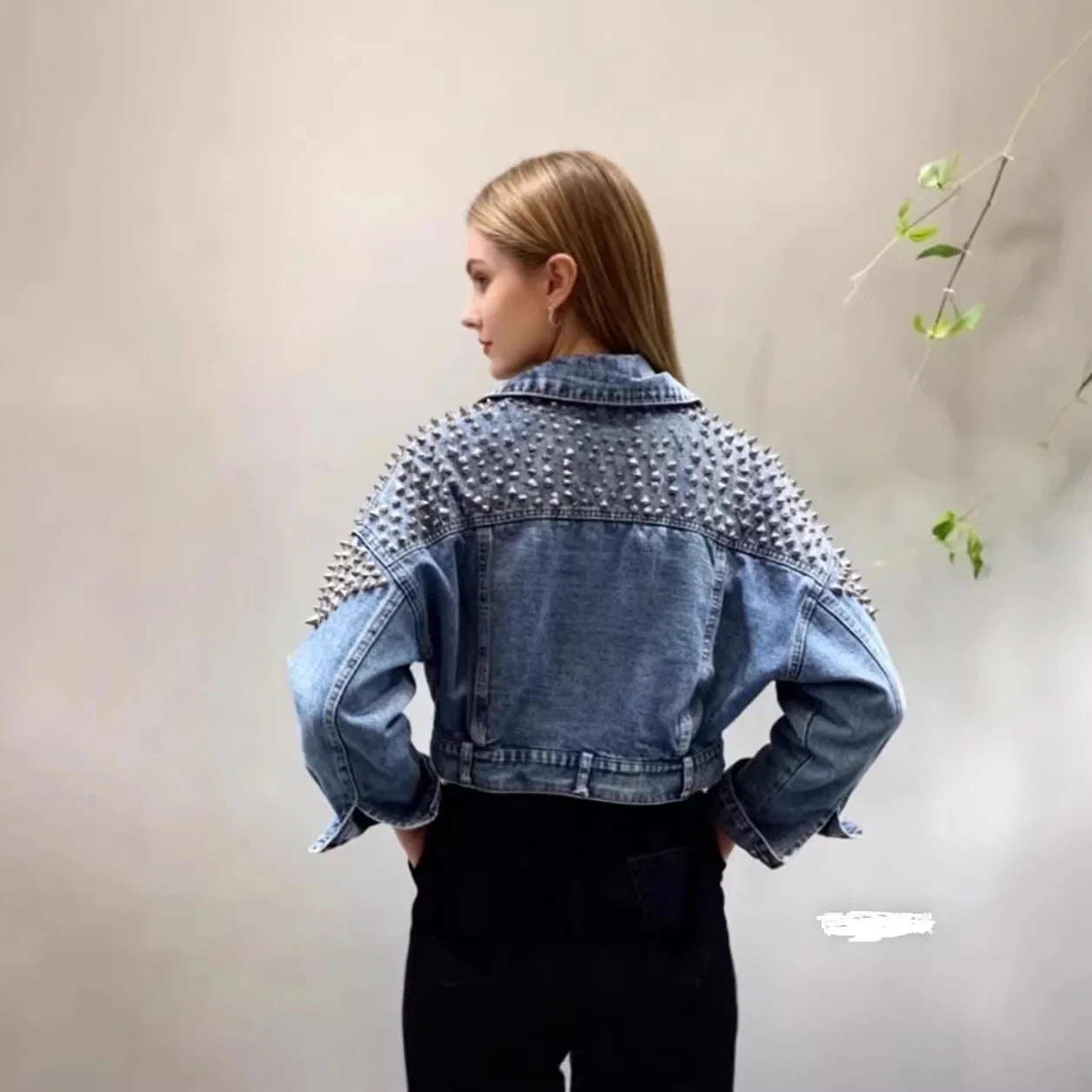 Women’s Cropped Studded Denim Jacket with Structured Shoulders and Statement Detail - Image 3