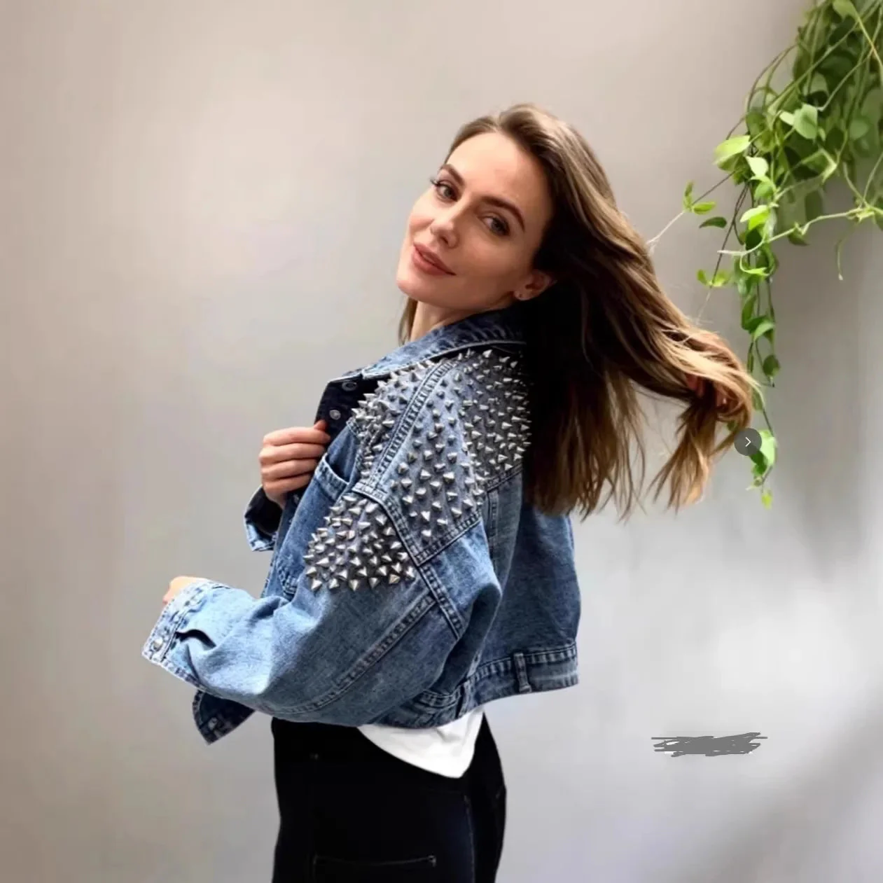 Women’s Cropped Studded Denim Jacket with Structured Shoulders and Statement Detail - Image 5