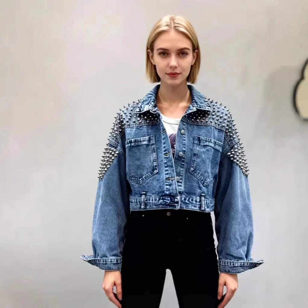 Women’s Cropped Studded Denim Jacket with Structured Shoulders and Statement Detail - Image 6