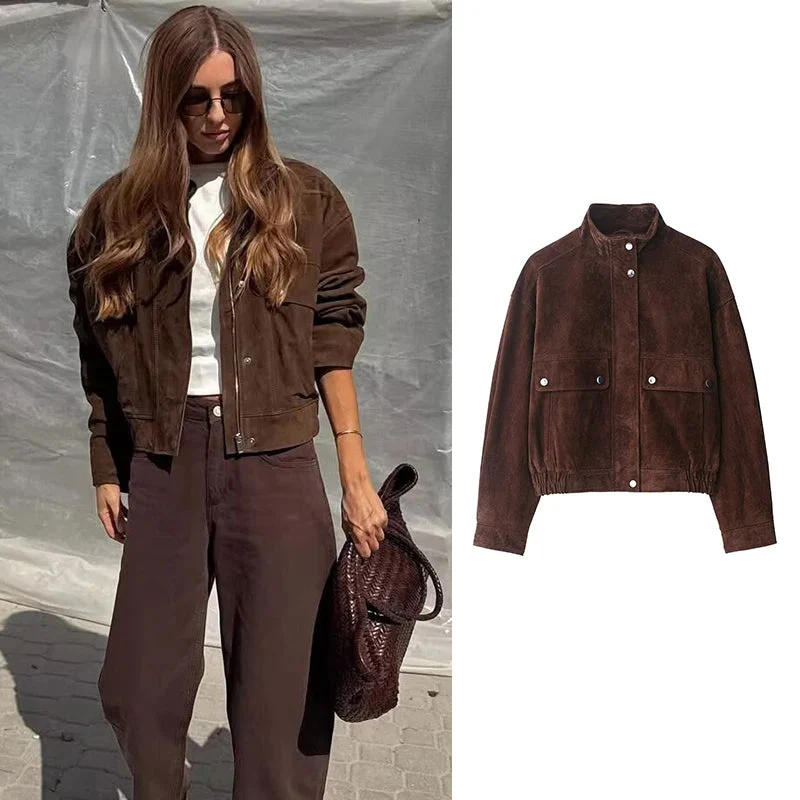 Women’s Cropped Suede Jacket with Snap Button Front and Utility Pockets - Image 3