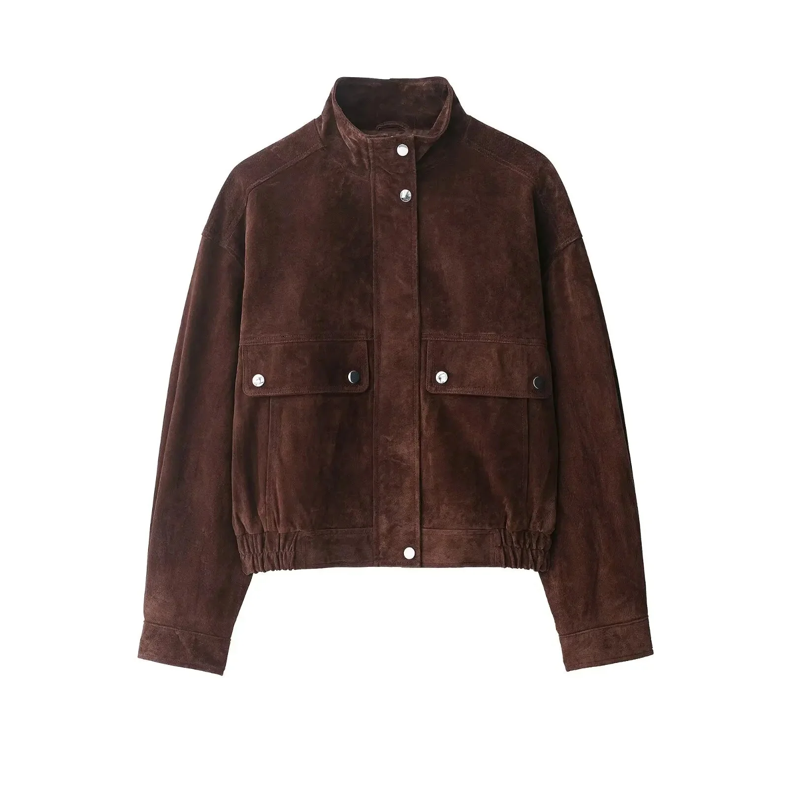 Women’s Cropped Suede Jacket with Snap Button Front and Utility Pockets - Image 4