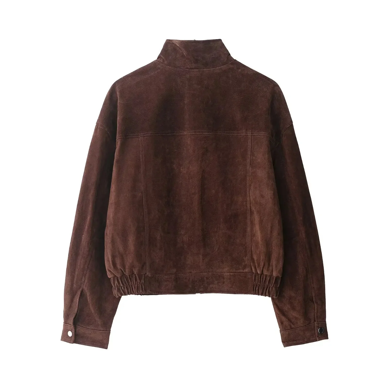 Women’s Cropped Suede Jacket with Snap Button Front and Utility Pockets - Image 5
