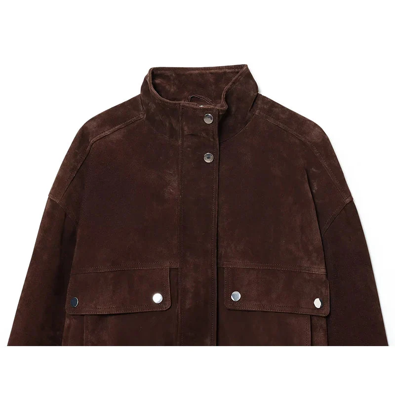 Women’s Cropped Suede Jacket with Snap Button Front and Utility Pockets - Image 6