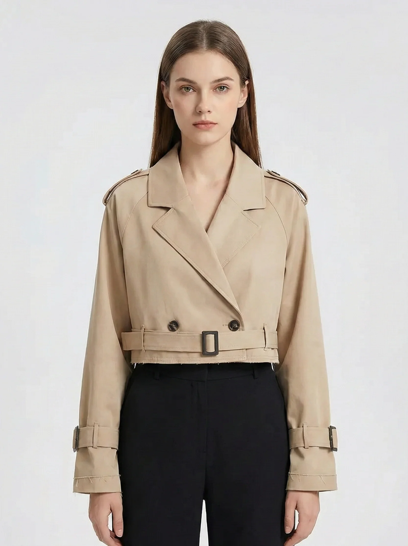 Women’s Cropped Trench Jacket with Belted Waist and Structured Lapel Collar - Image 2
