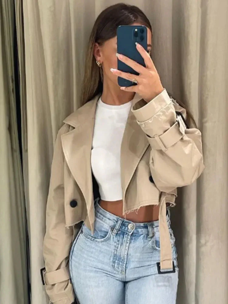 Women’s Cropped Trench Jacket with Belted Waist and Structured Lapel Collar - Image 3