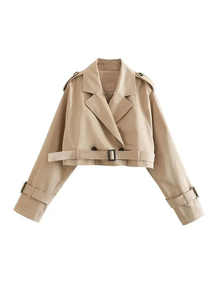 Women’s Cropped Trench Jacket with Belted Waist and Structured Lapel Collar - Image 5