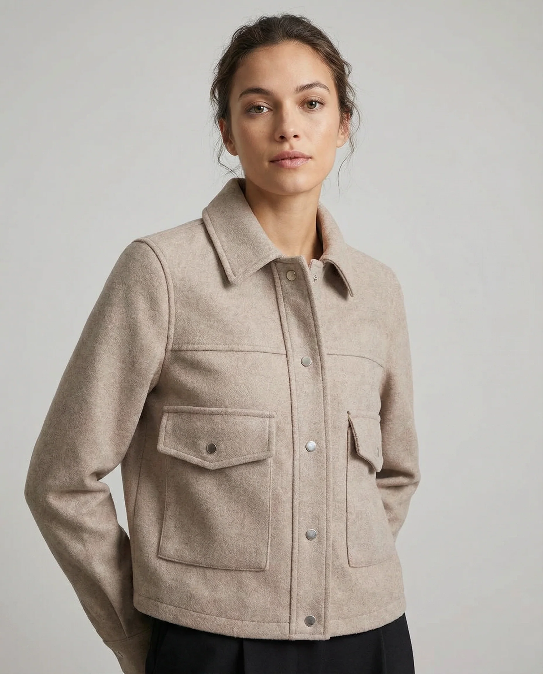 Women’s Cropped Wool-Blend Jacket with Button Front and Structured Utility Design - Image 2