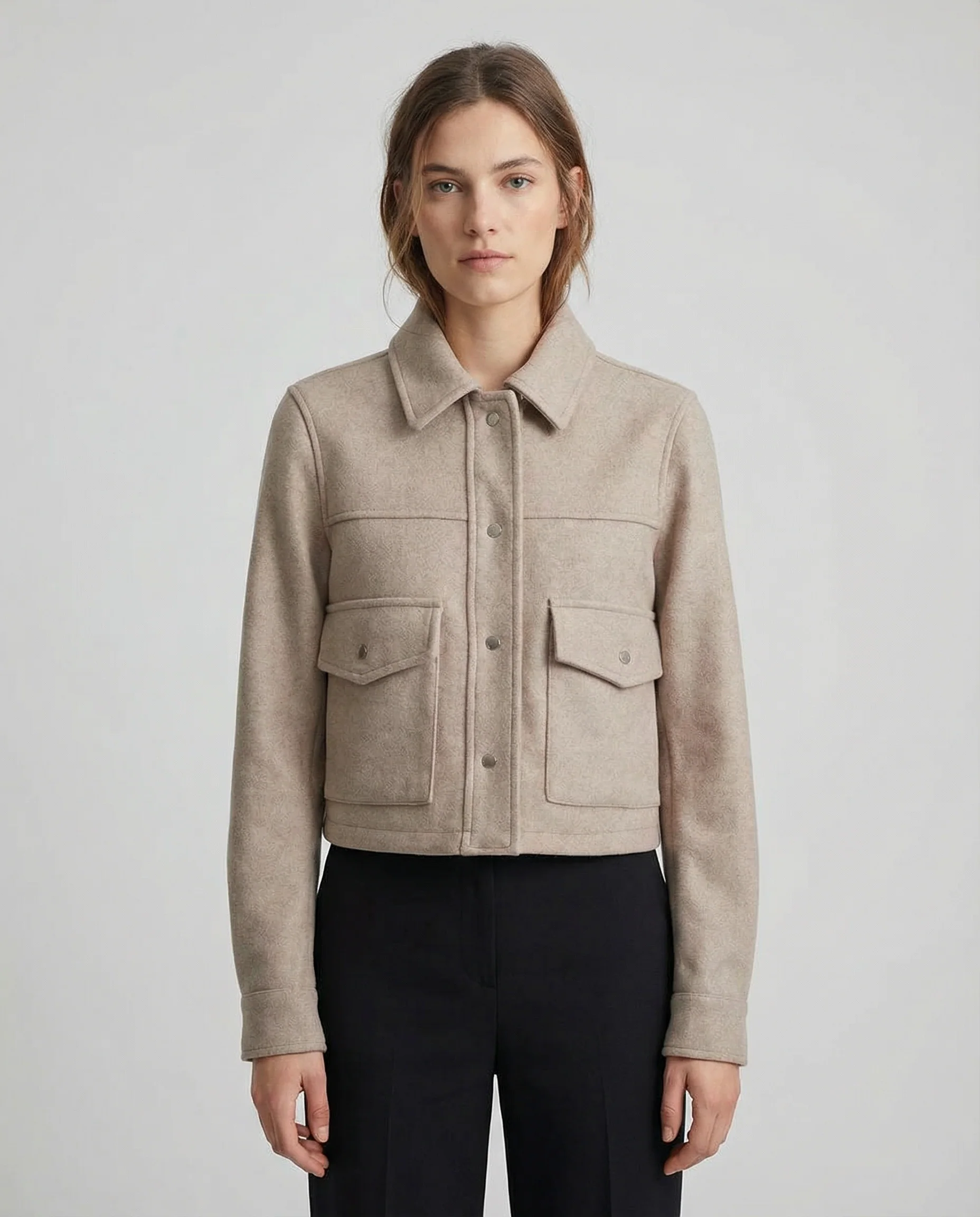 Women’s Cropped Wool-Blend Jacket with Button Front and Structured Utility Design - Image 3