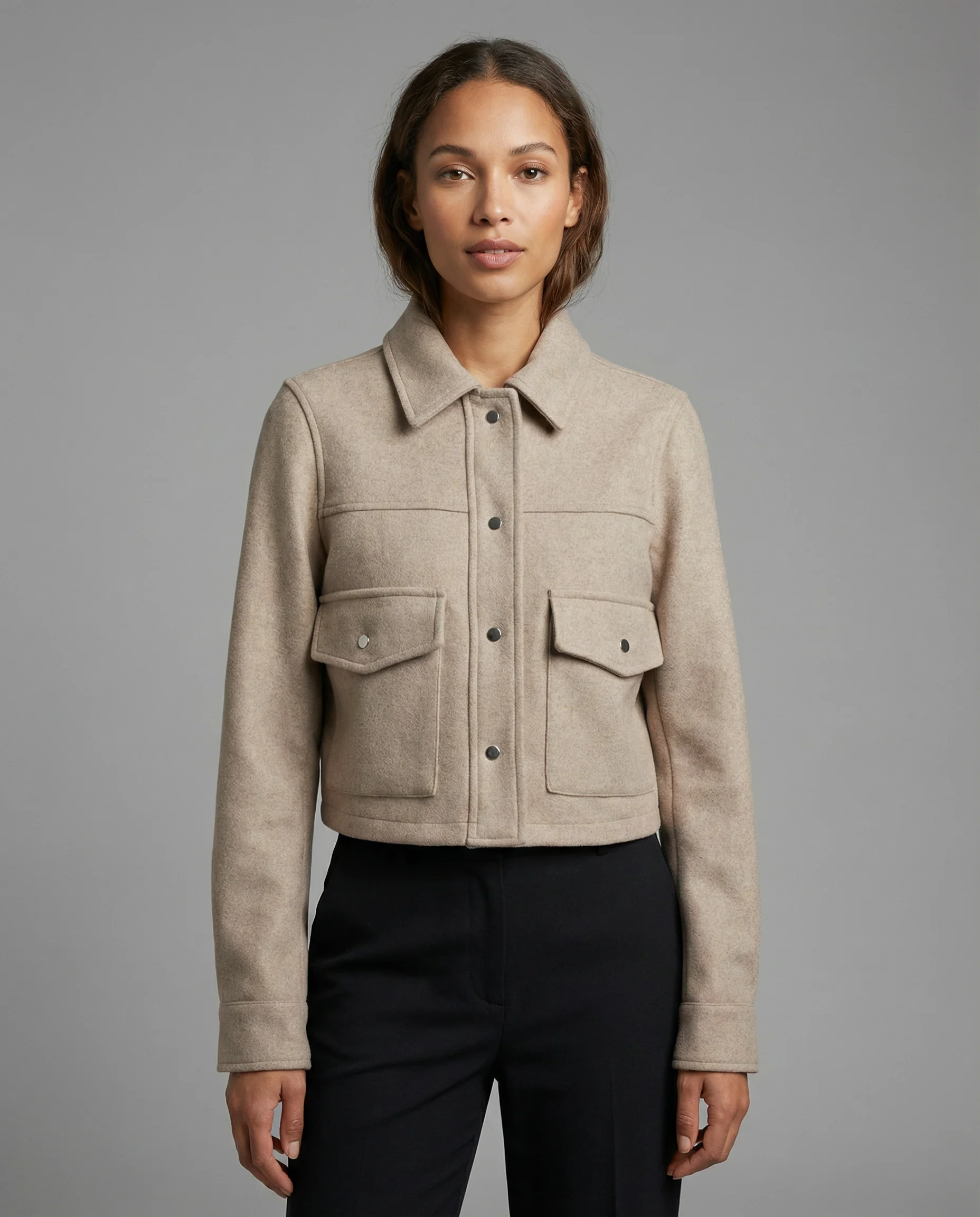 Women’s Cropped Wool-Blend Jacket with Button Front and Structured Utility Design - Image 4