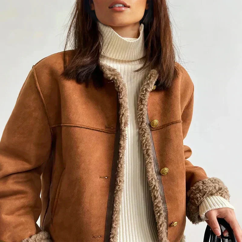 Women’s Faux Shearling Lined Suede Jacket - Image 5