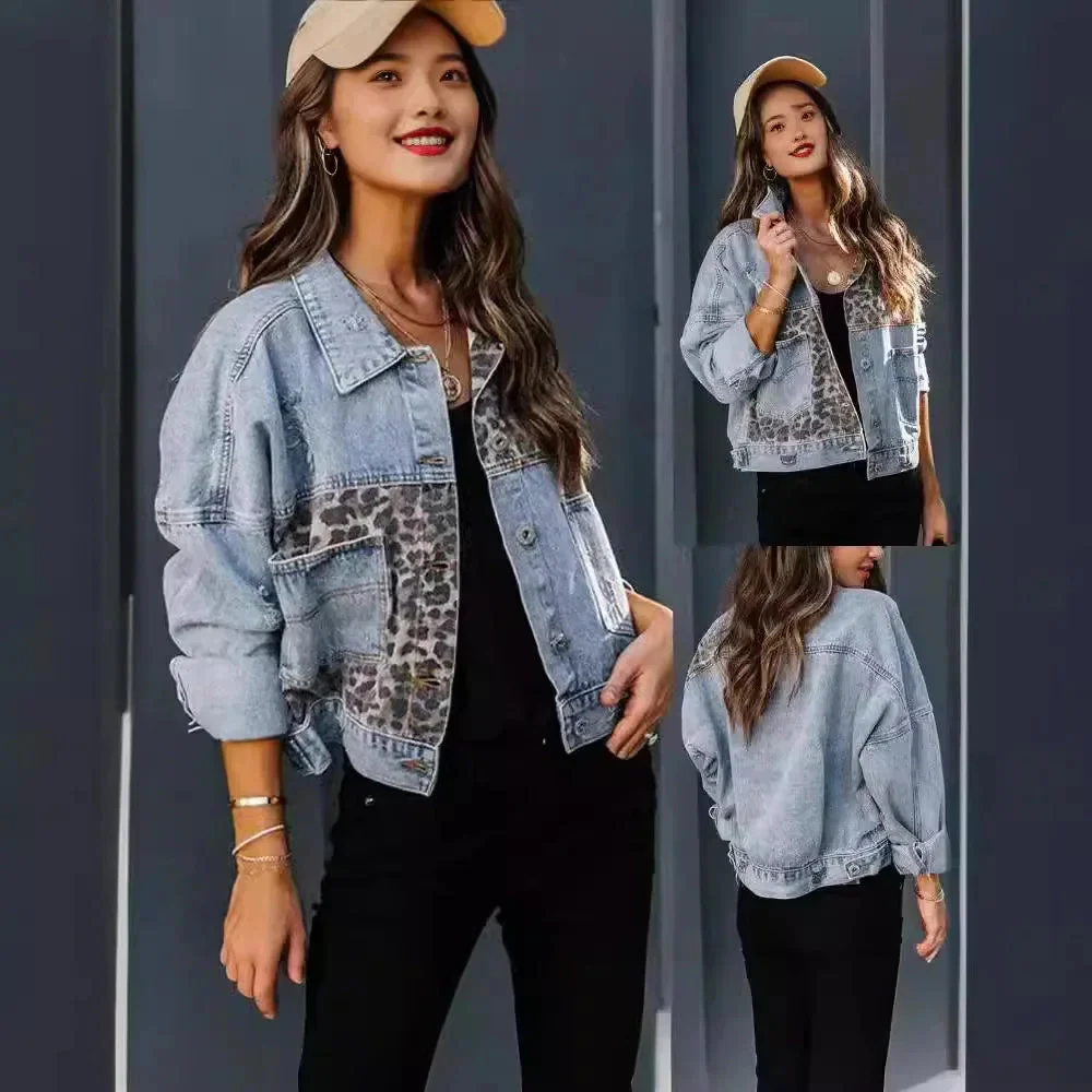 Women’s Leopard Panel Denim Jacket with Distressed Details and Modern Fit - Image 2
