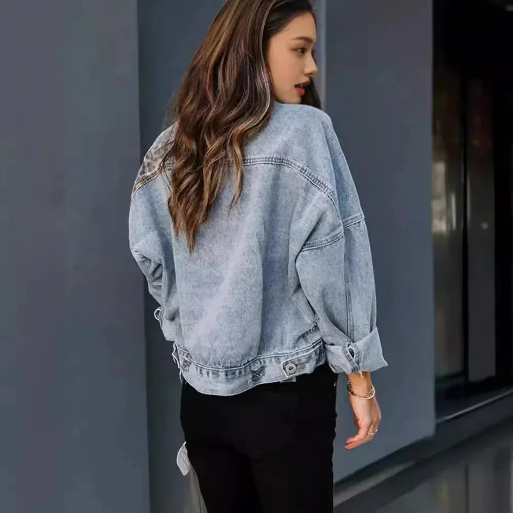 Women’s Leopard Panel Denim Jacket with Distressed Details and Modern Fit - Image 4