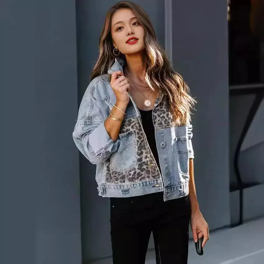 Women’s Leopard Panel Denim Jacket with Distressed Details and Modern Fit - Image 5