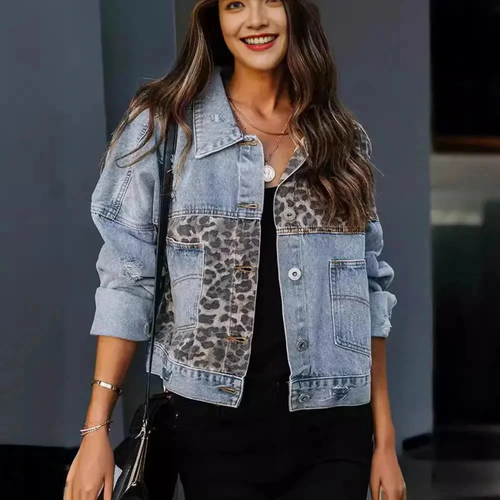 Women’s Leopard Panel Denim Jacket with Distressed Details and Modern Fit - Image 7