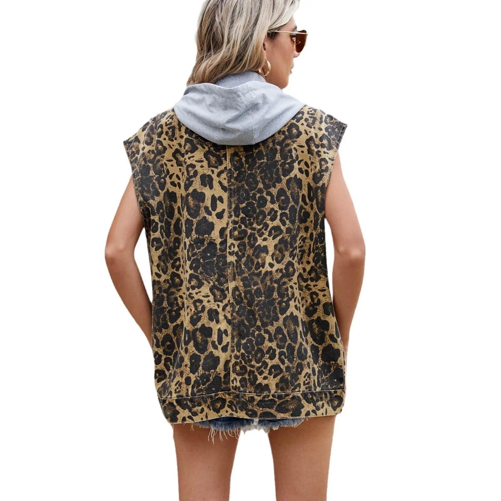 Women’s Leopard Print Sleeveless Denim Vest with Button-Down Front and Utility Pockets - Image 5
