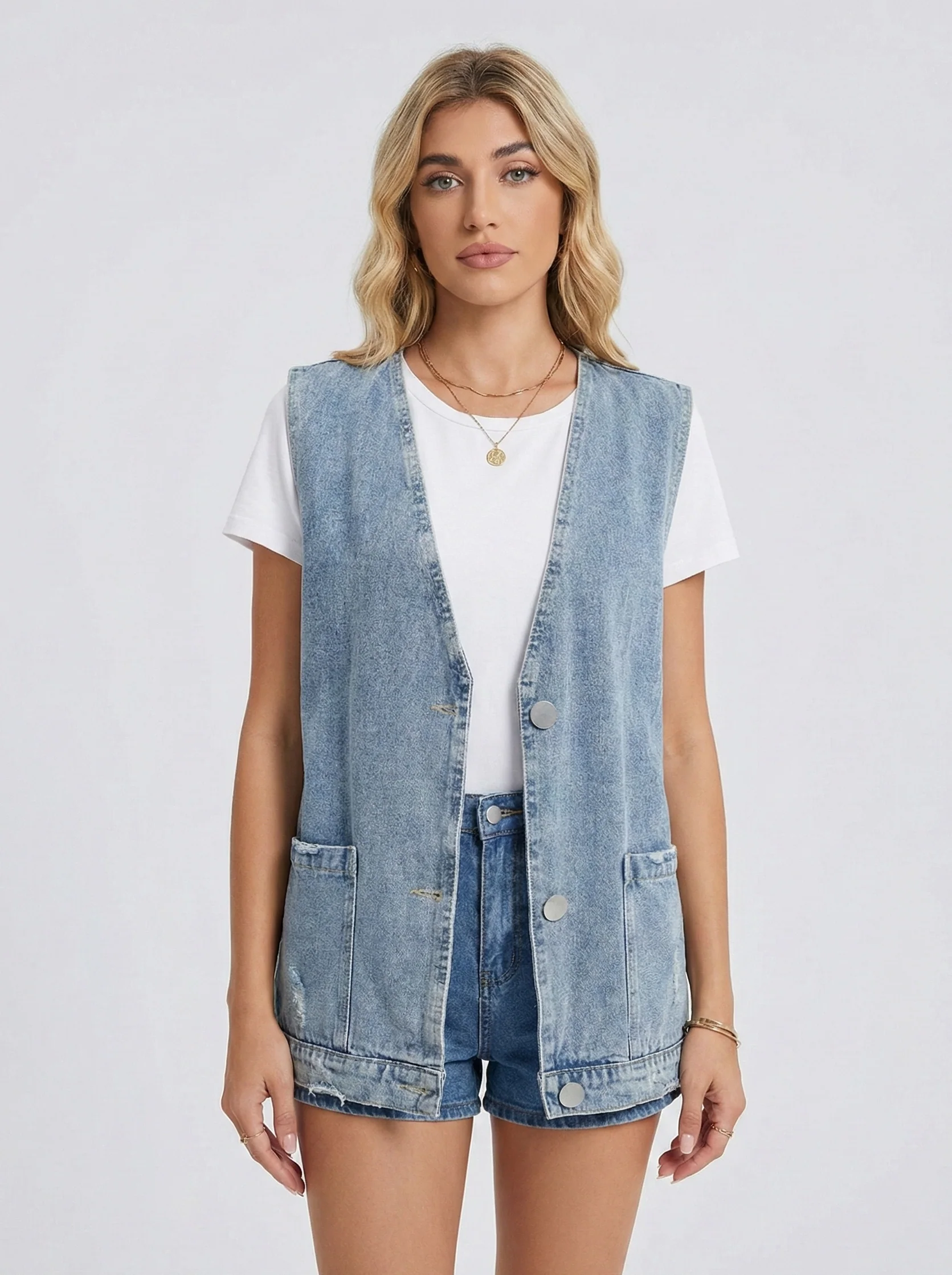 Women’s Minimalist Denim Vest with Sleeveless Design and Relaxed Fit - Image 2