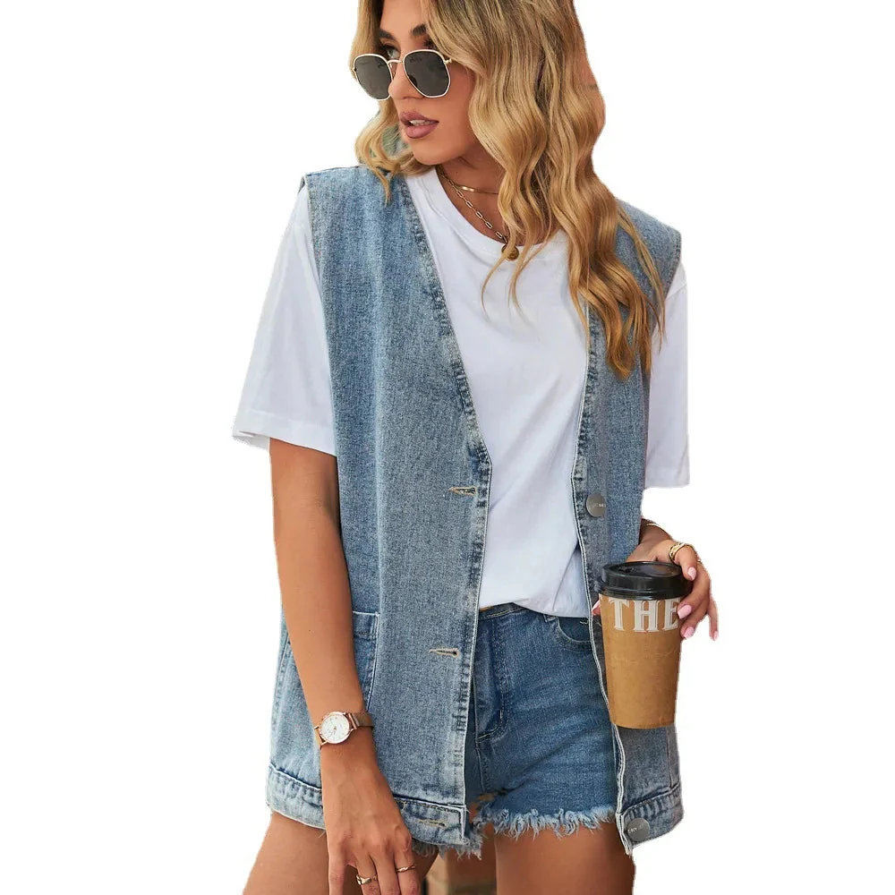 Women’s Minimalist Denim Vest with Sleeveless Design and Relaxed Fit - Image 7