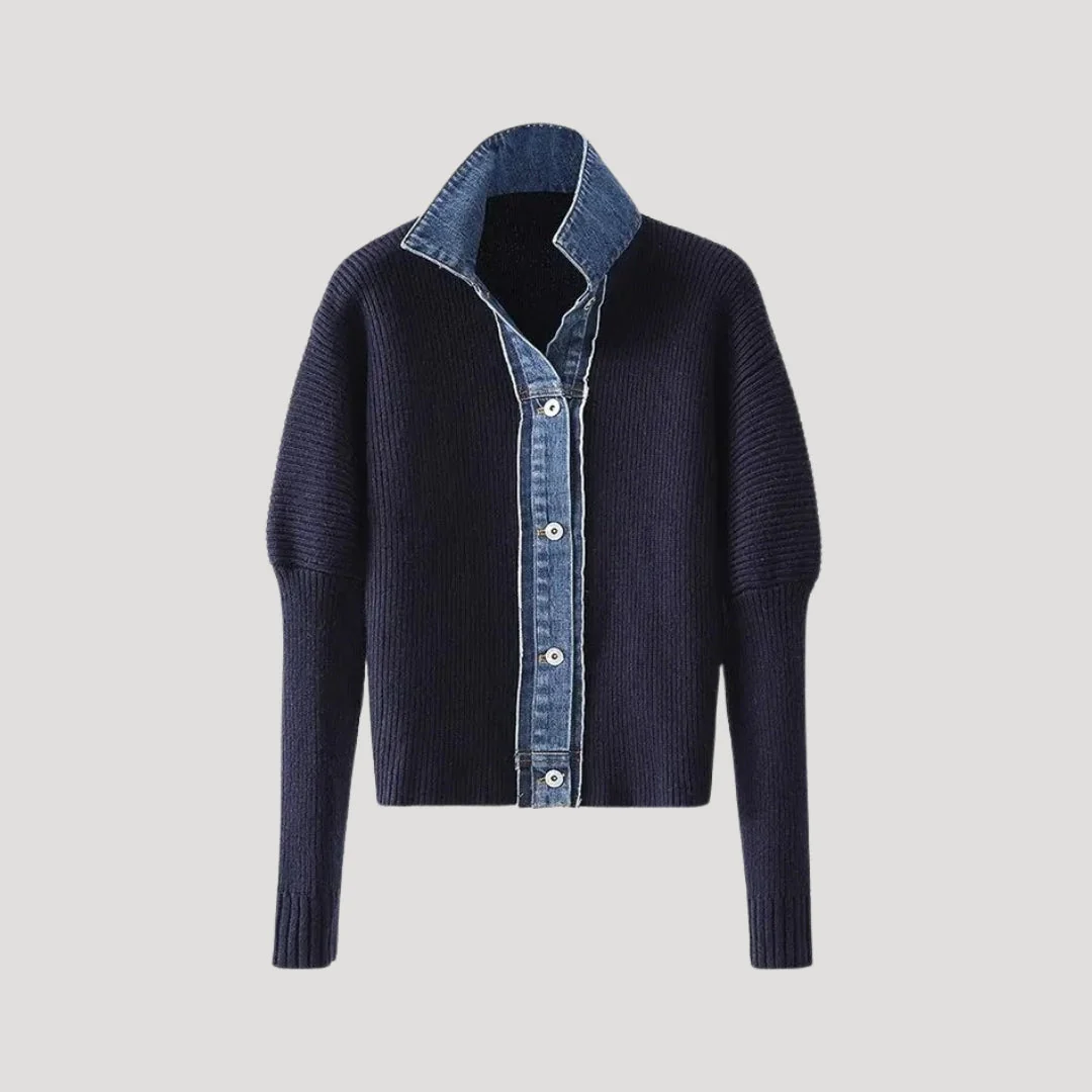 Navy Women's knit cardigan with denim trim