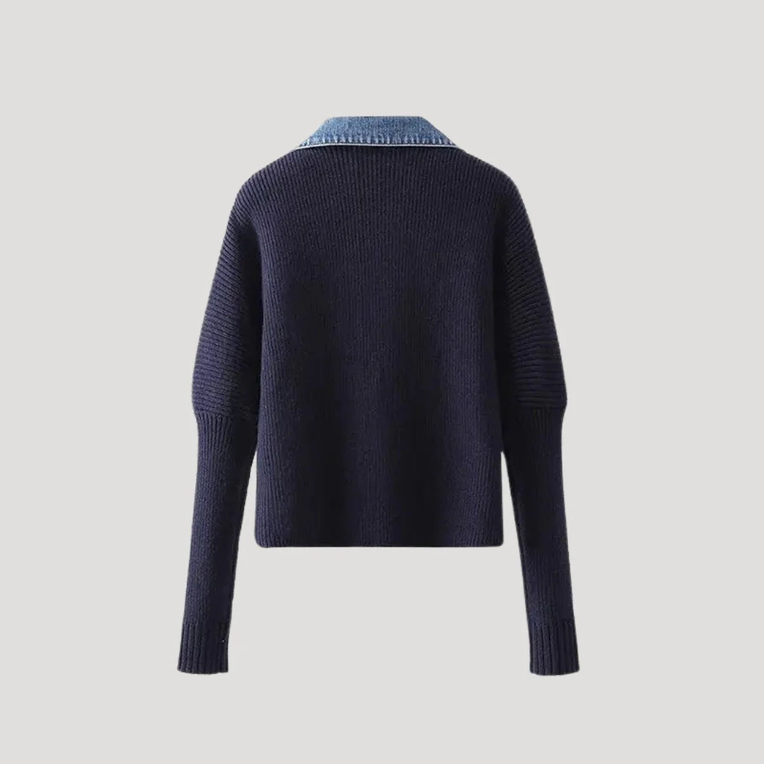 Navy Women's knit cardigan with denim trim - Image 2