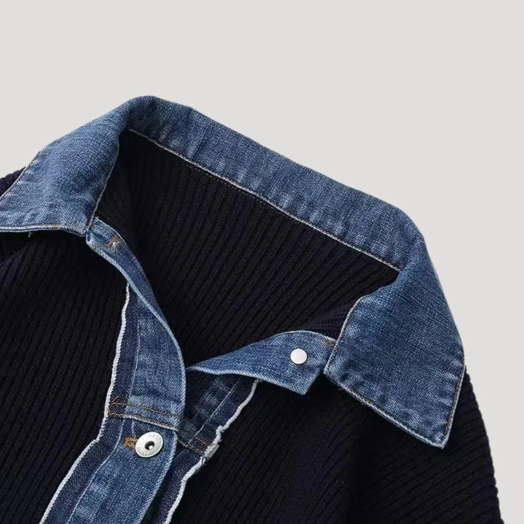 Navy Women's knit cardigan with denim trim - Image 3