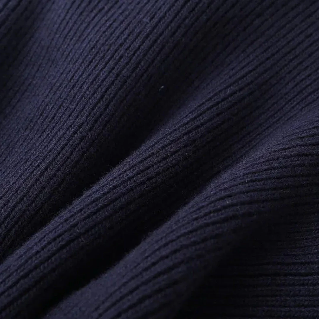 Navy Women's knit cardigan with denim trim - Image 4