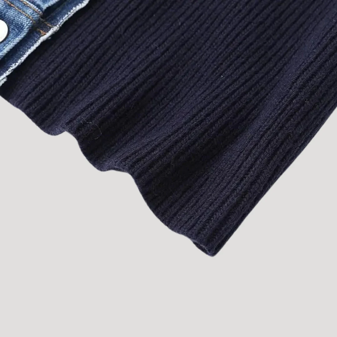 Navy Women's knit cardigan with denim trim - Image 5