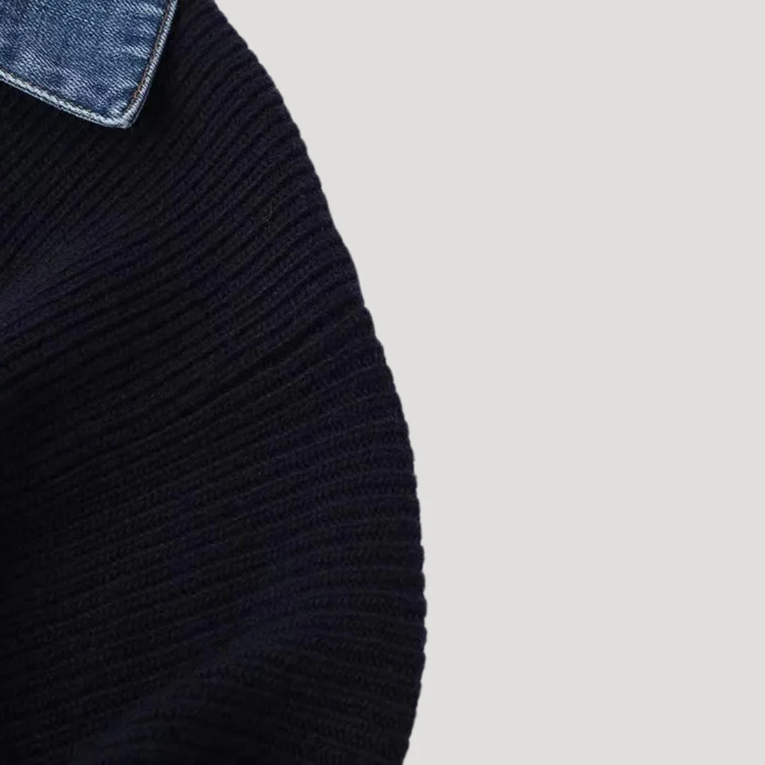 Navy Women's knit cardigan with denim trim - Image 6