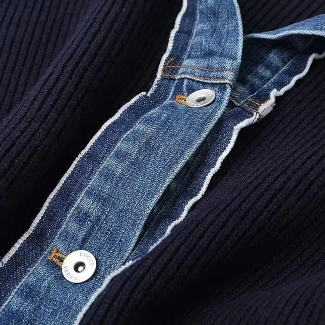 Navy Women's knit cardigan with denim trim - Image 7