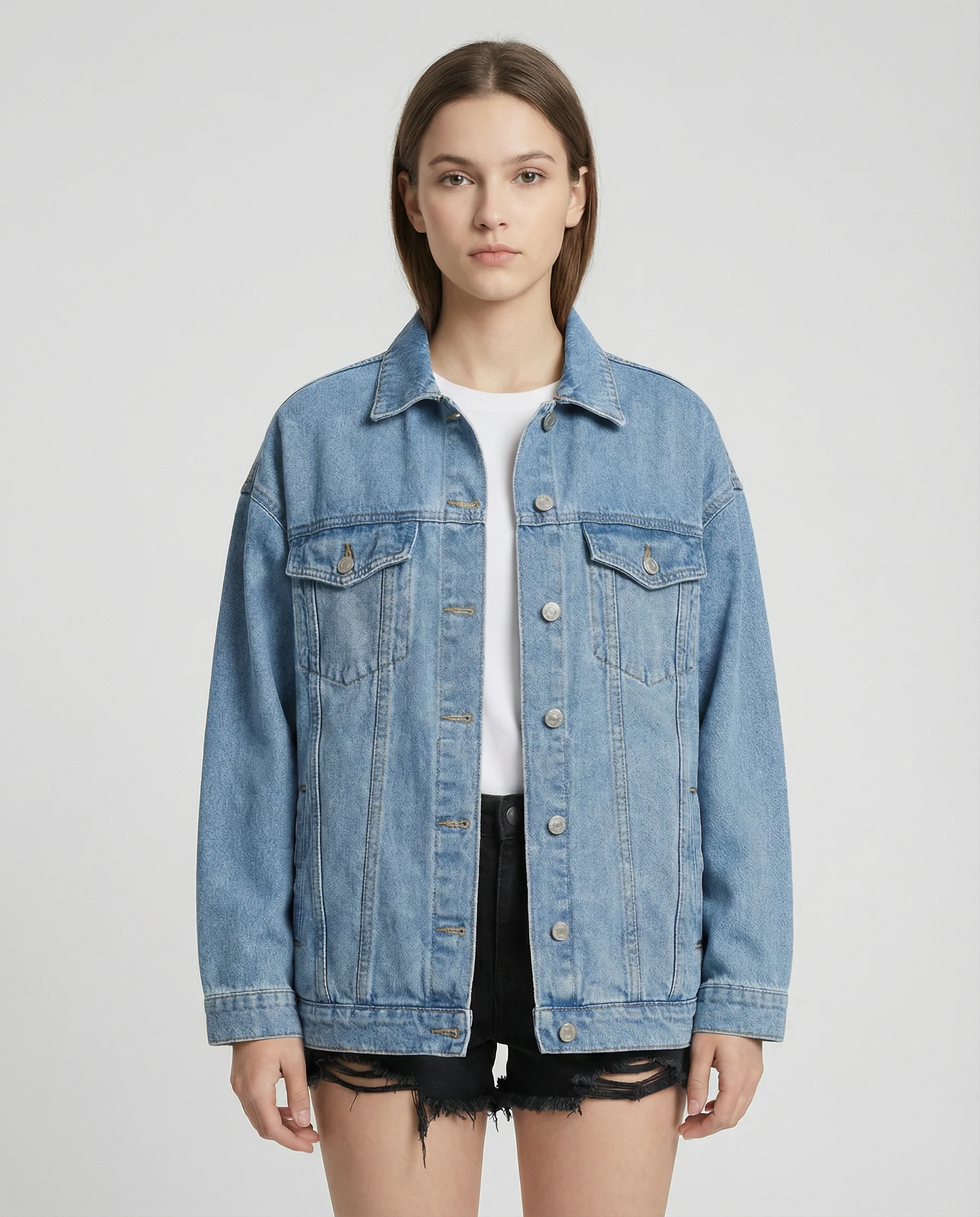 Women’s Oversized Denim Jacket with Classic Button Front and Relaxed Streetwear Fit - Image 2