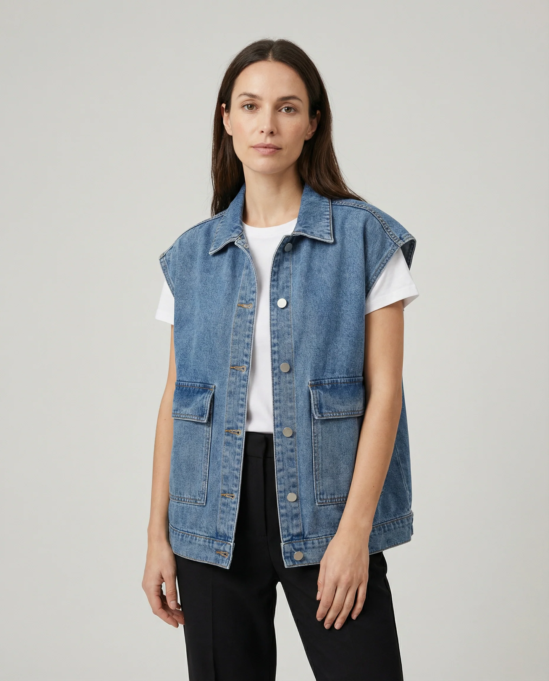 Women’s Oversized Denim Vest with Button-Down Front and Relaxed Street Style Fit - Image 2