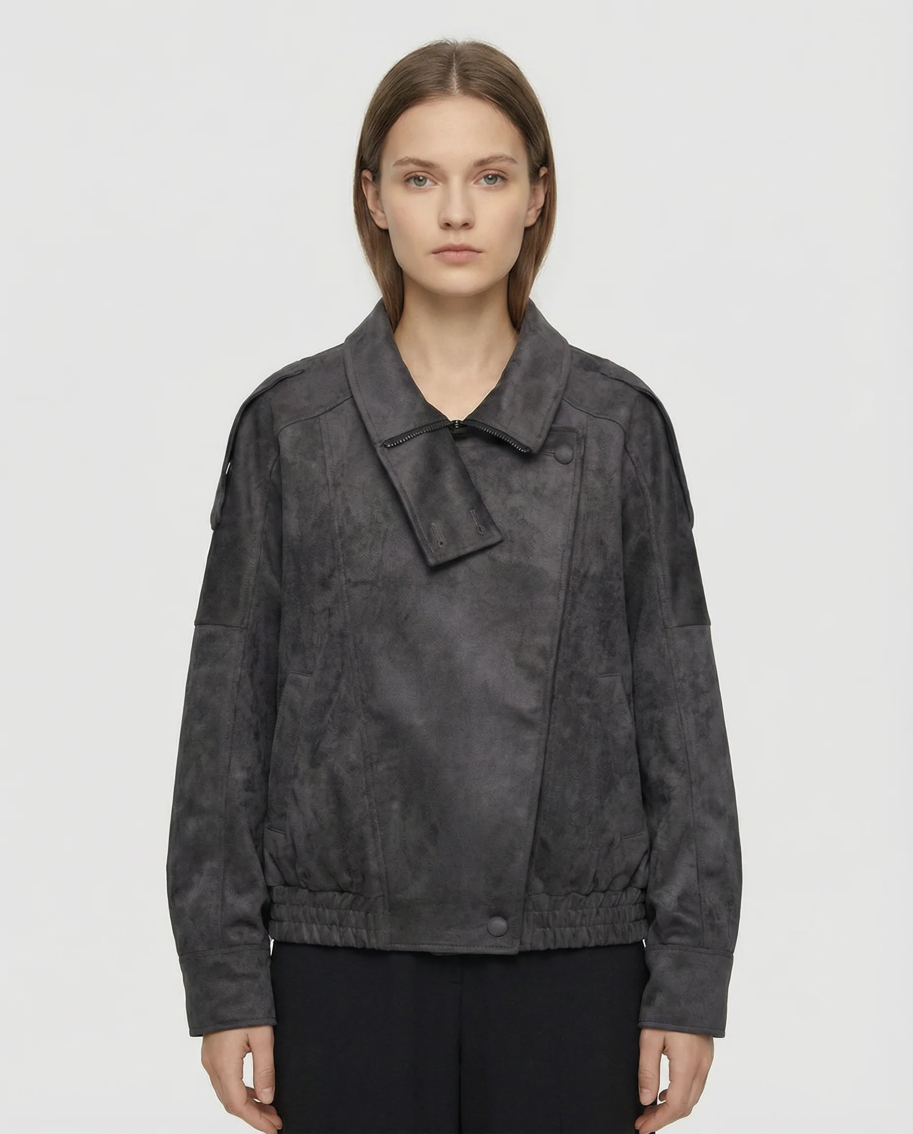 Women’s Oversized Faux Suede Jacket with Asymmetrical Collar and Modern Utility Silhouette - Image 2