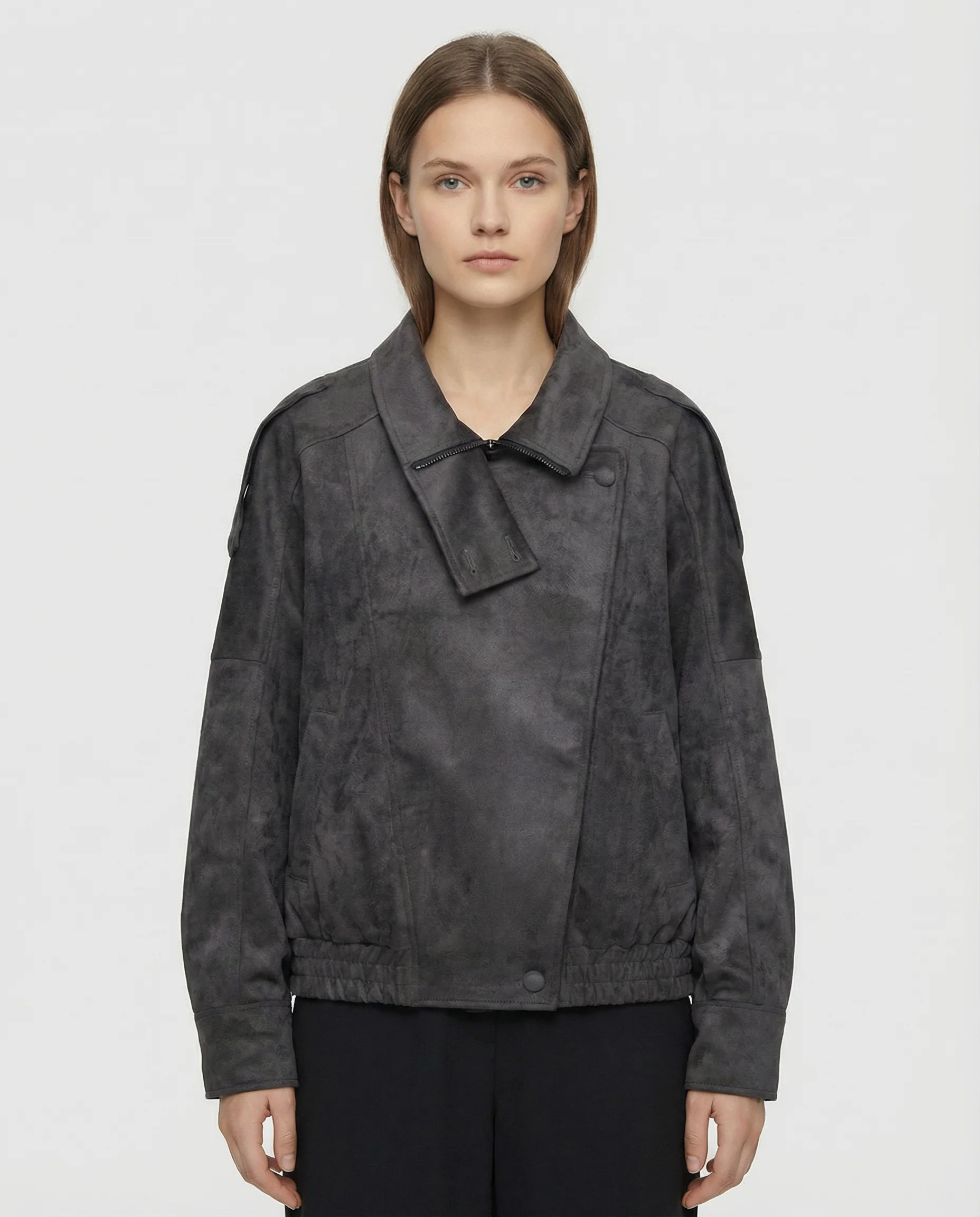 Women’s Oversized Faux Suede Jacket with Asymmetrical Collar and Modern Utility Silhouette - Image 3