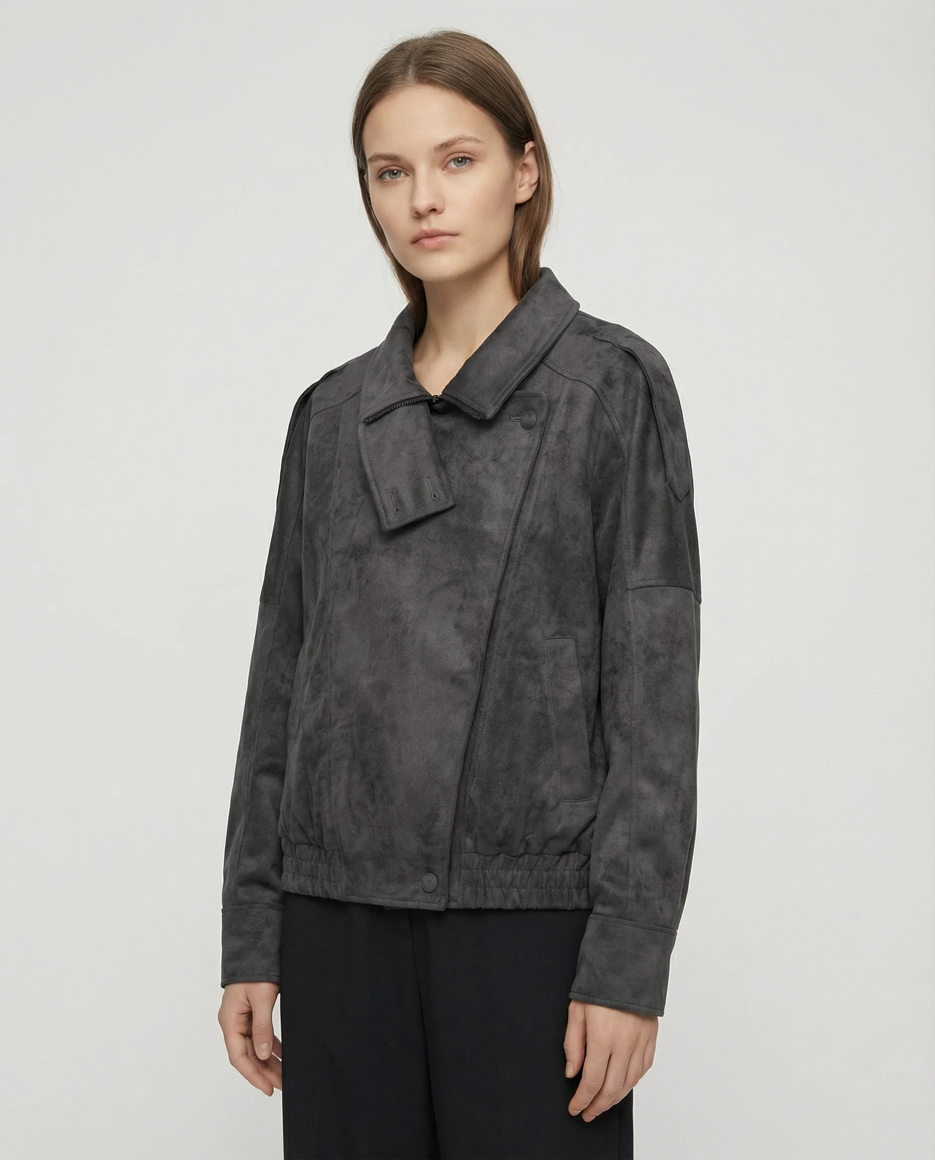 Women’s Oversized Faux Suede Jacket with Asymmetrical Collar and Modern Utility Silhouette - Image 4