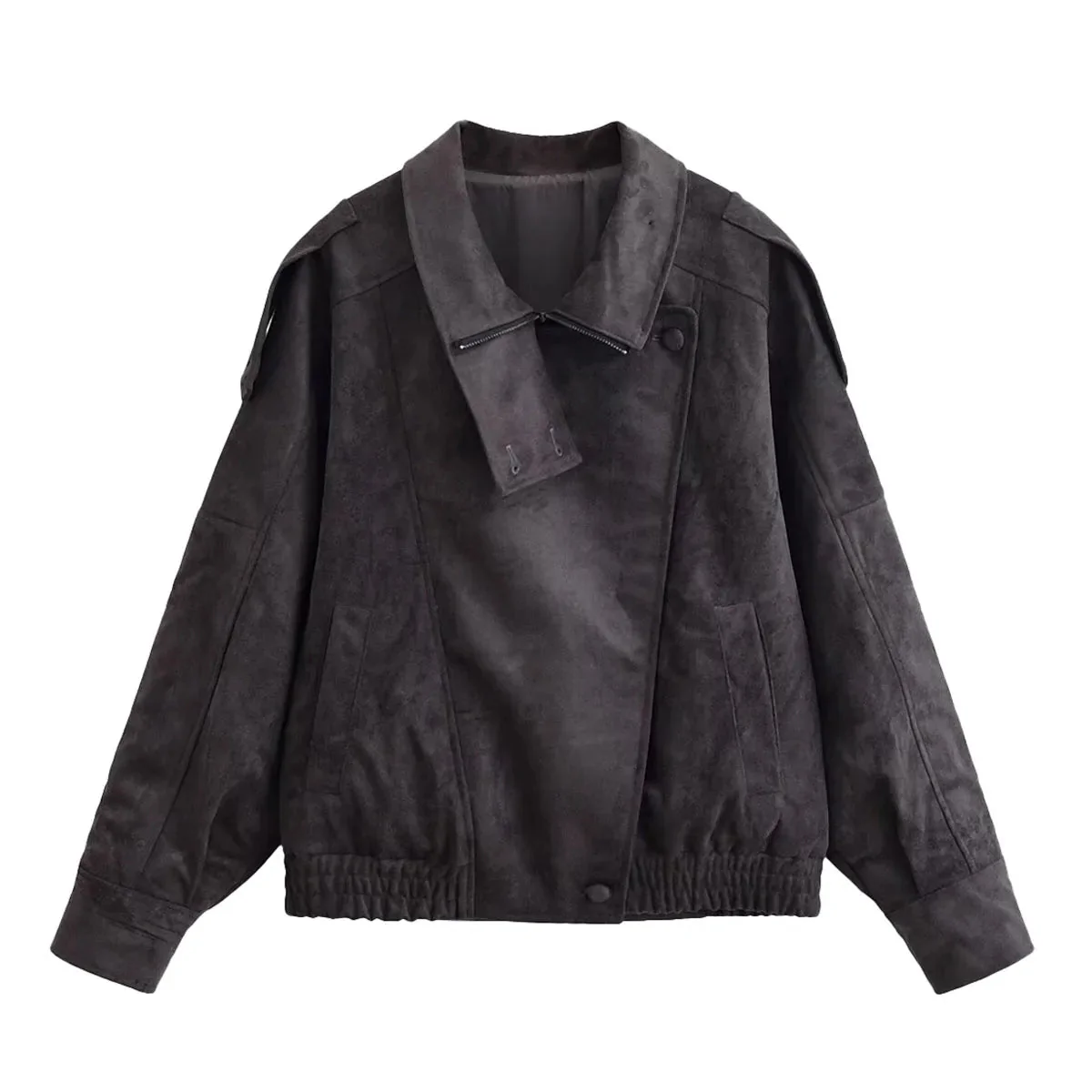 Women’s Oversized Faux Suede Jacket with Asymmetrical Collar and Modern Utility Silhouette - Image 5