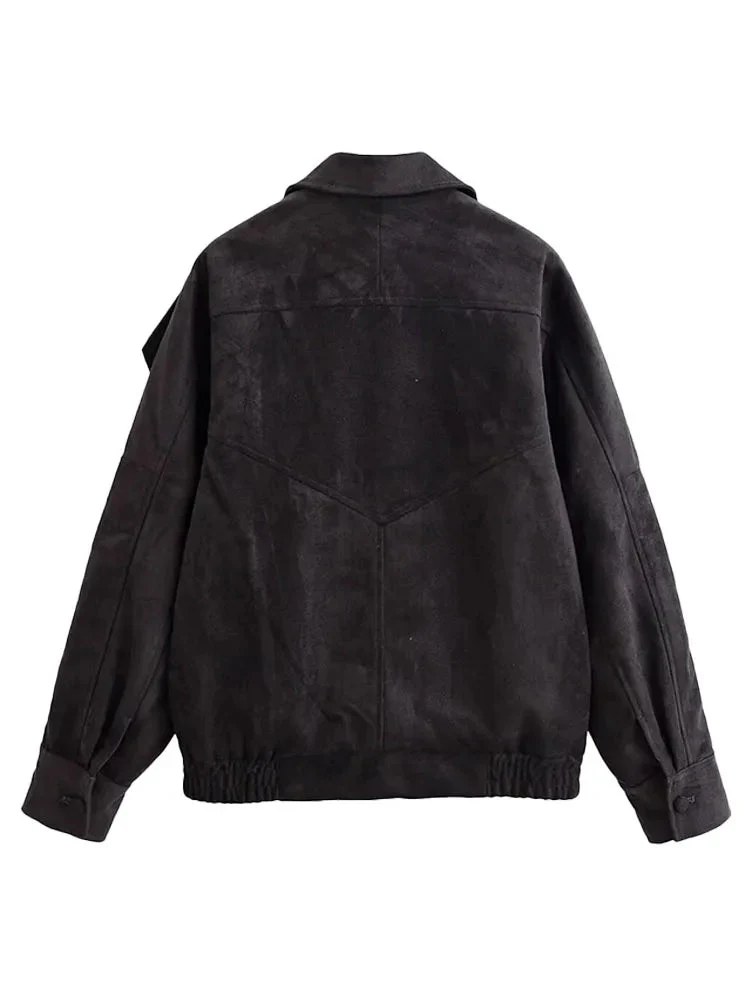 Women’s Oversized Faux Suede Jacket with Asymmetrical Collar and Modern Utility Silhouette - Image 6