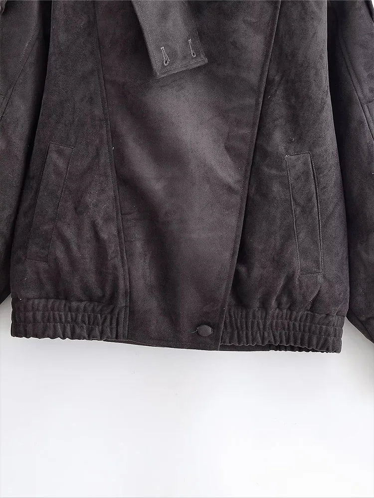 Women’s Oversized Faux Suede Jacket with Asymmetrical Collar and Modern Utility Silhouette - Image 7