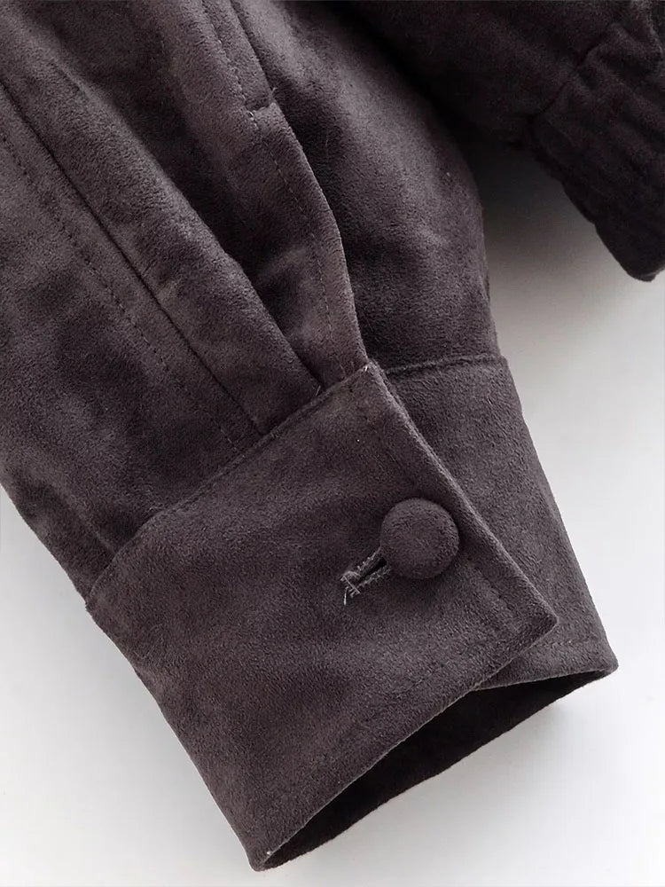 Women’s Oversized Faux Suede Jacket with Asymmetrical Collar and Modern Utility Silhouette - Image 8