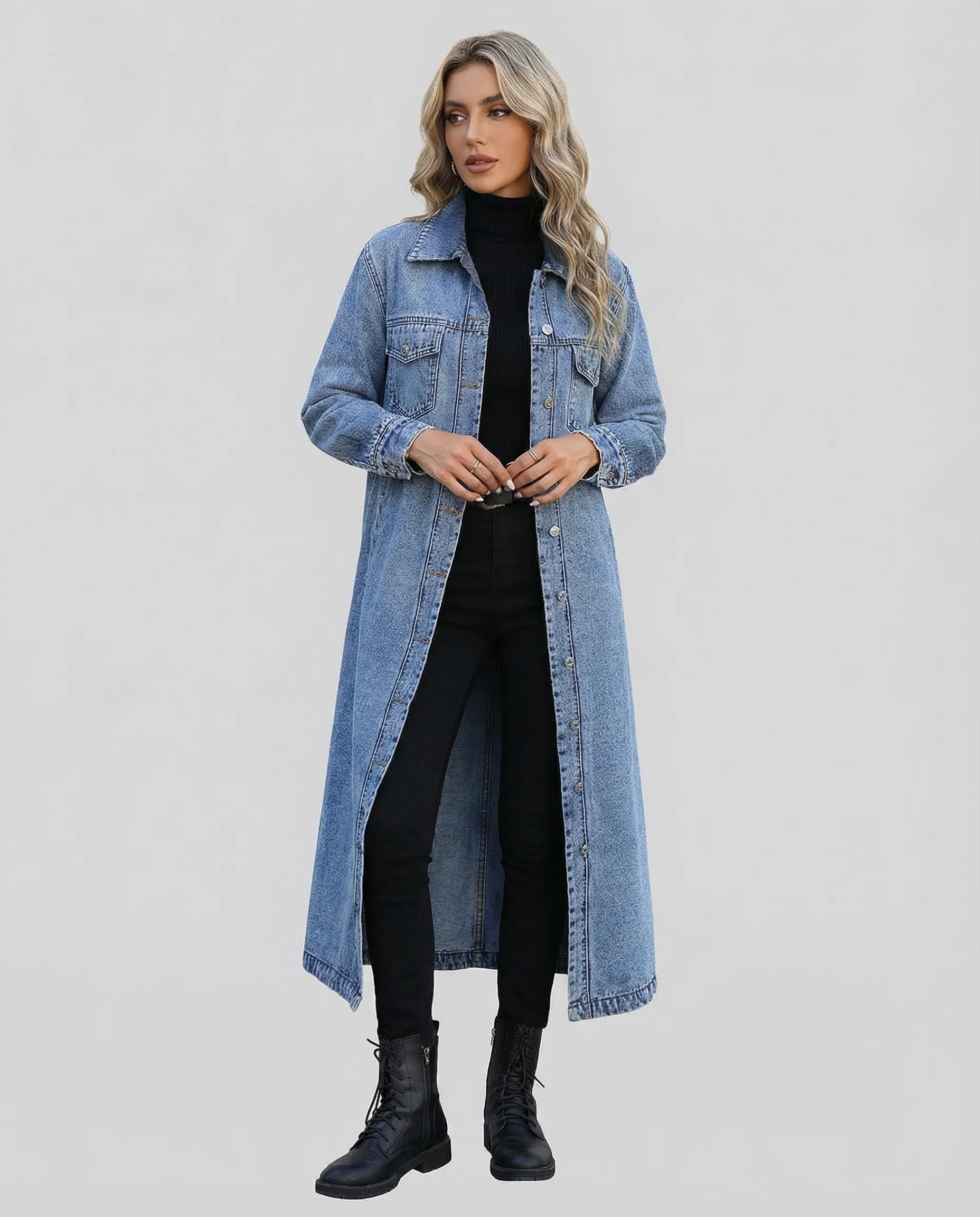 Women’s Oversized Long Denim Coat with Button-Down Front and Classic Collar