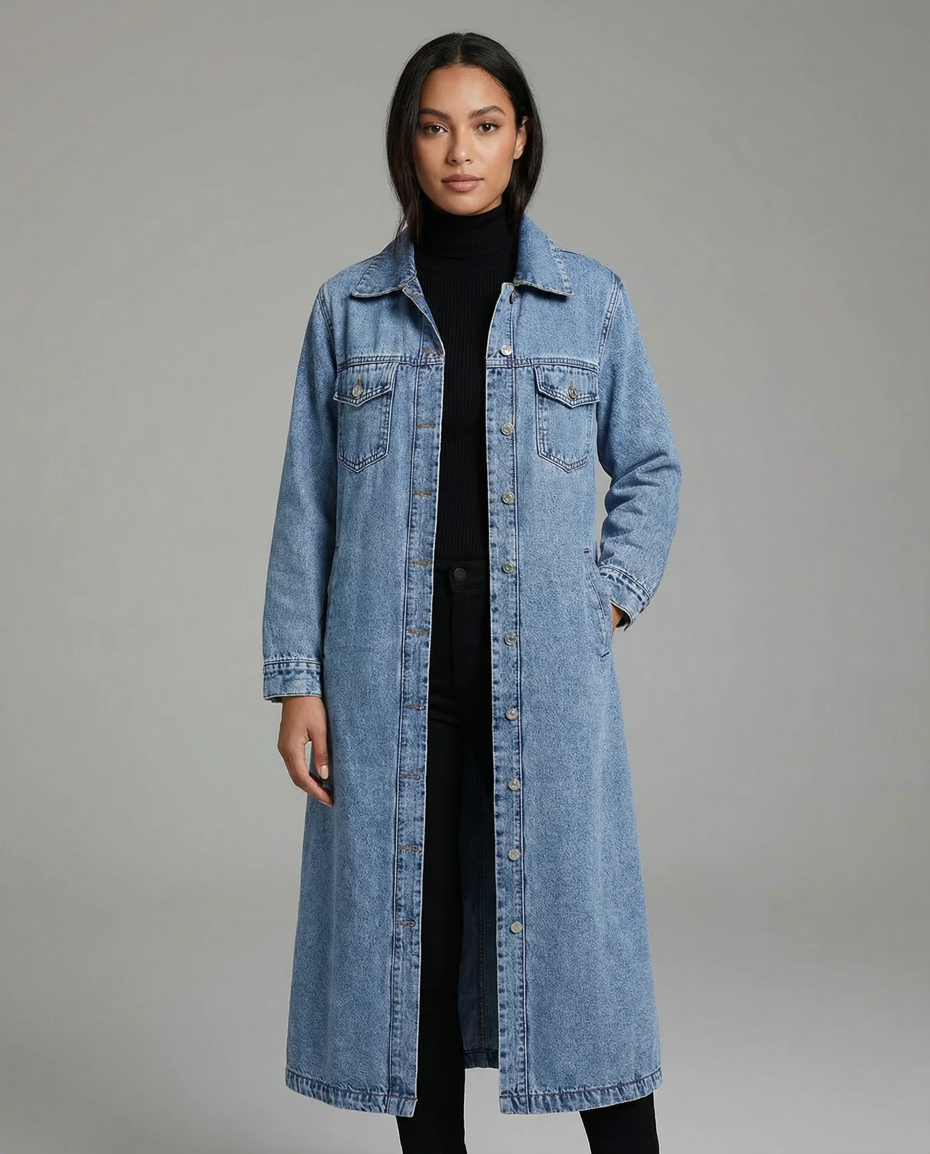 Women’s Oversized Long Denim Coat with Button-Down Front and Classic Collar - Image 2