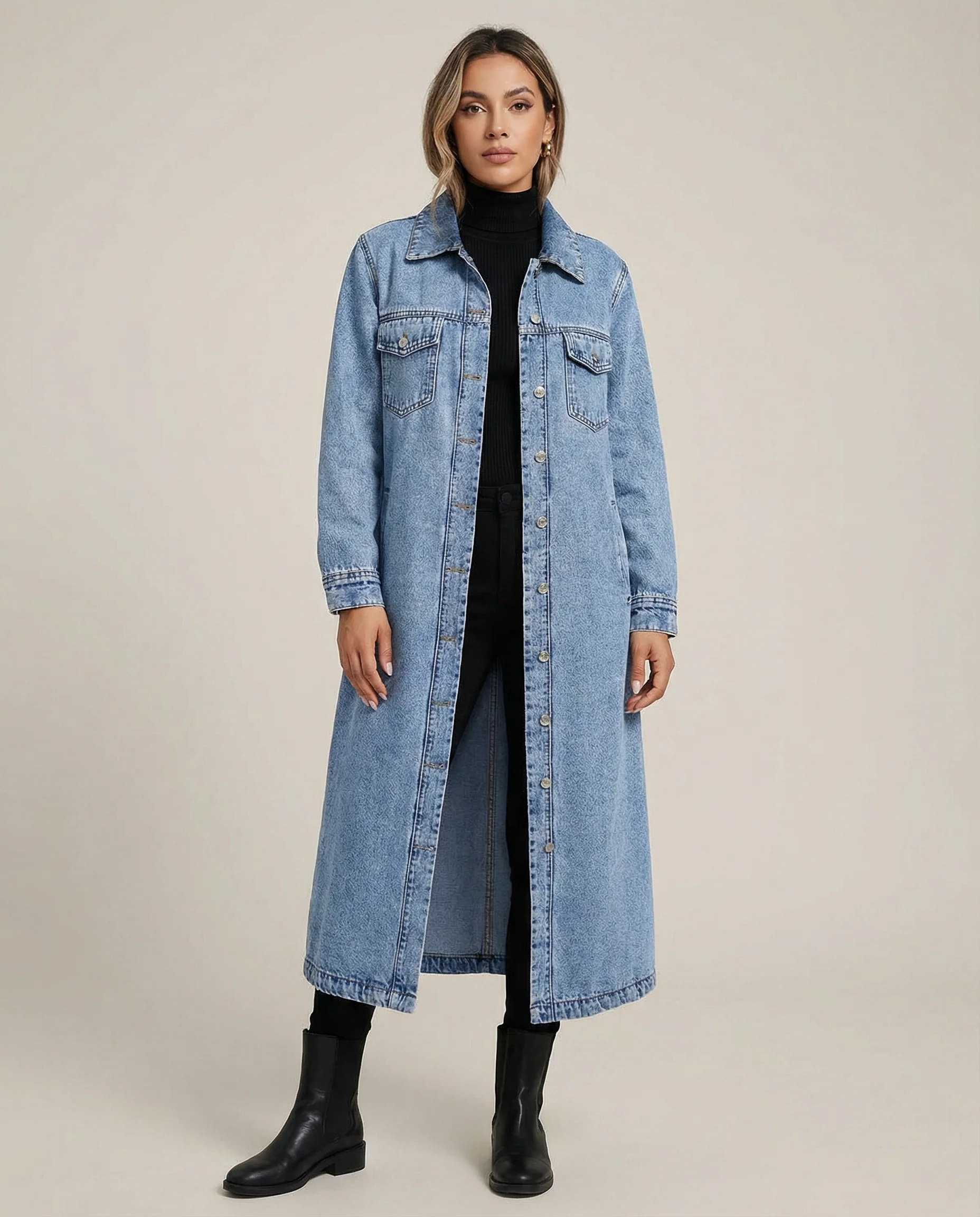 Women’s Oversized Long Denim Coat with Button-Down Front and Classic Collar - Image 3