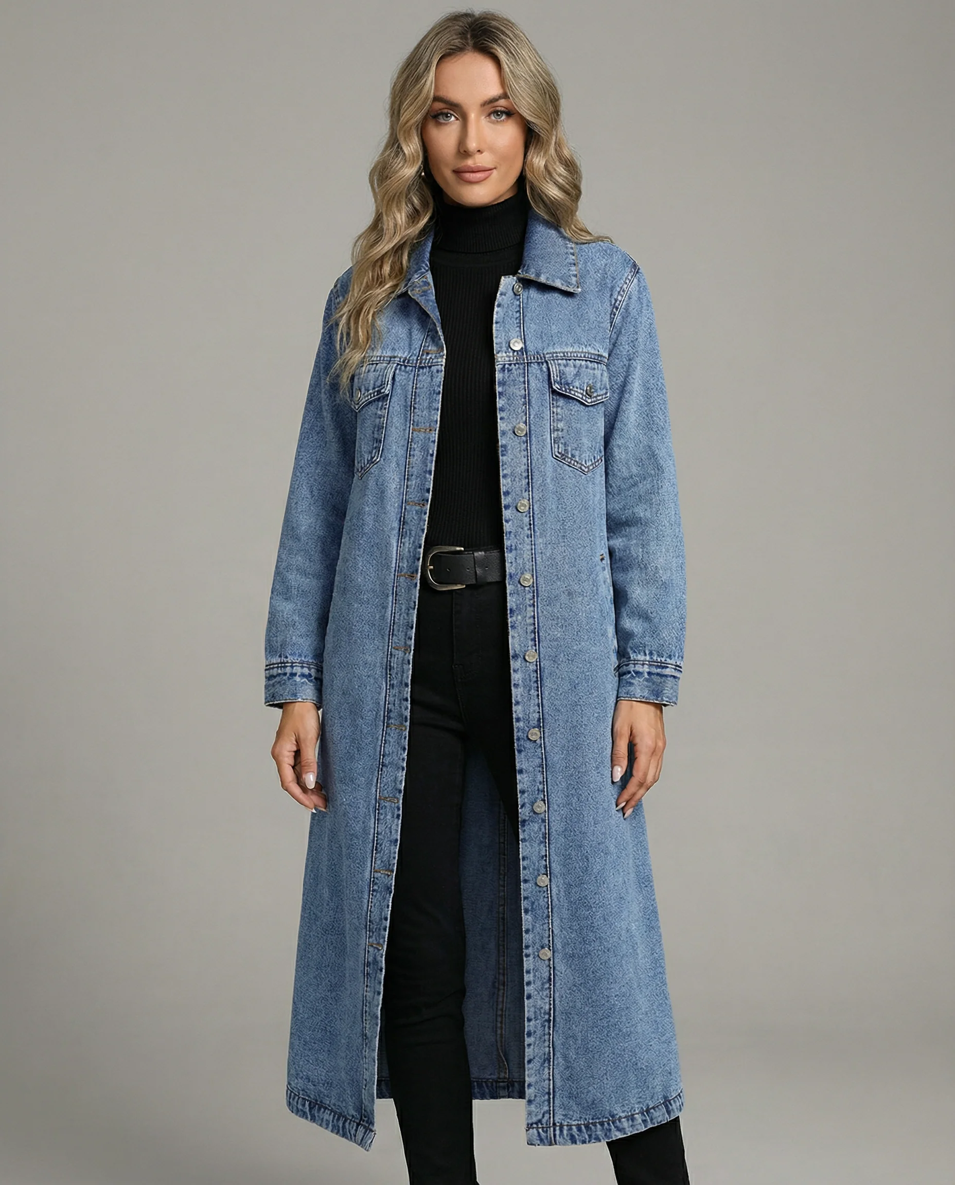 Women’s Oversized Long Denim Coat with Button-Down Front and Classic Collar - Image 4