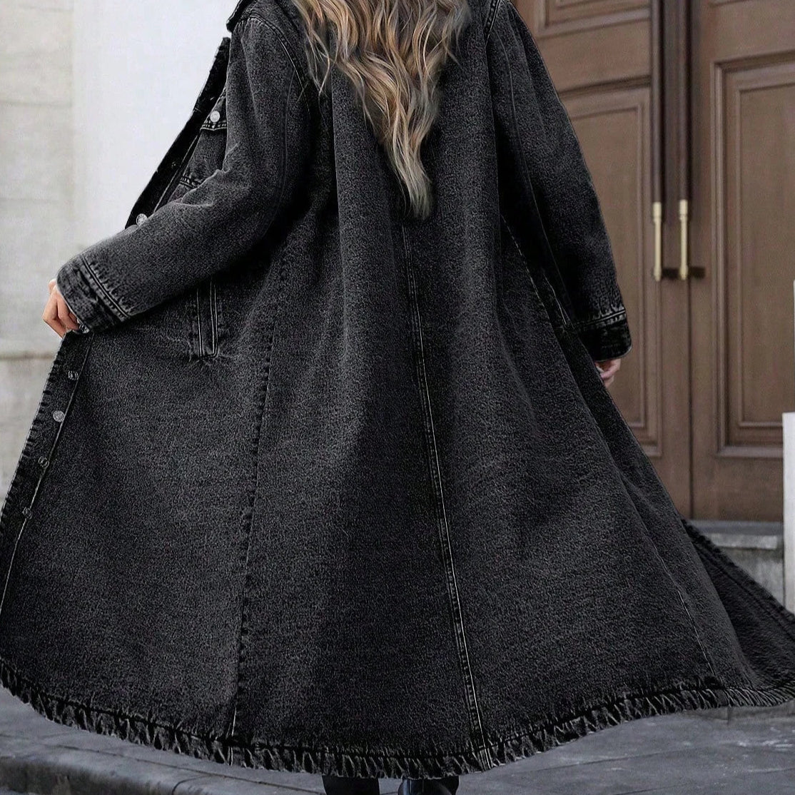 Women’s Oversized Long Denim Coat with Button-Down Front and Classic Collar - Image 5