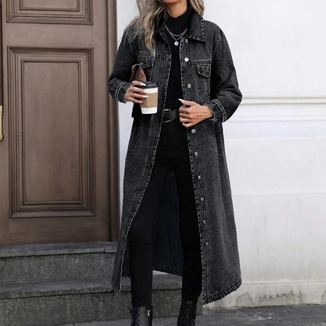 Women’s Oversized Long Denim Coat with Button-Down Front and Classic Collar - Image 6