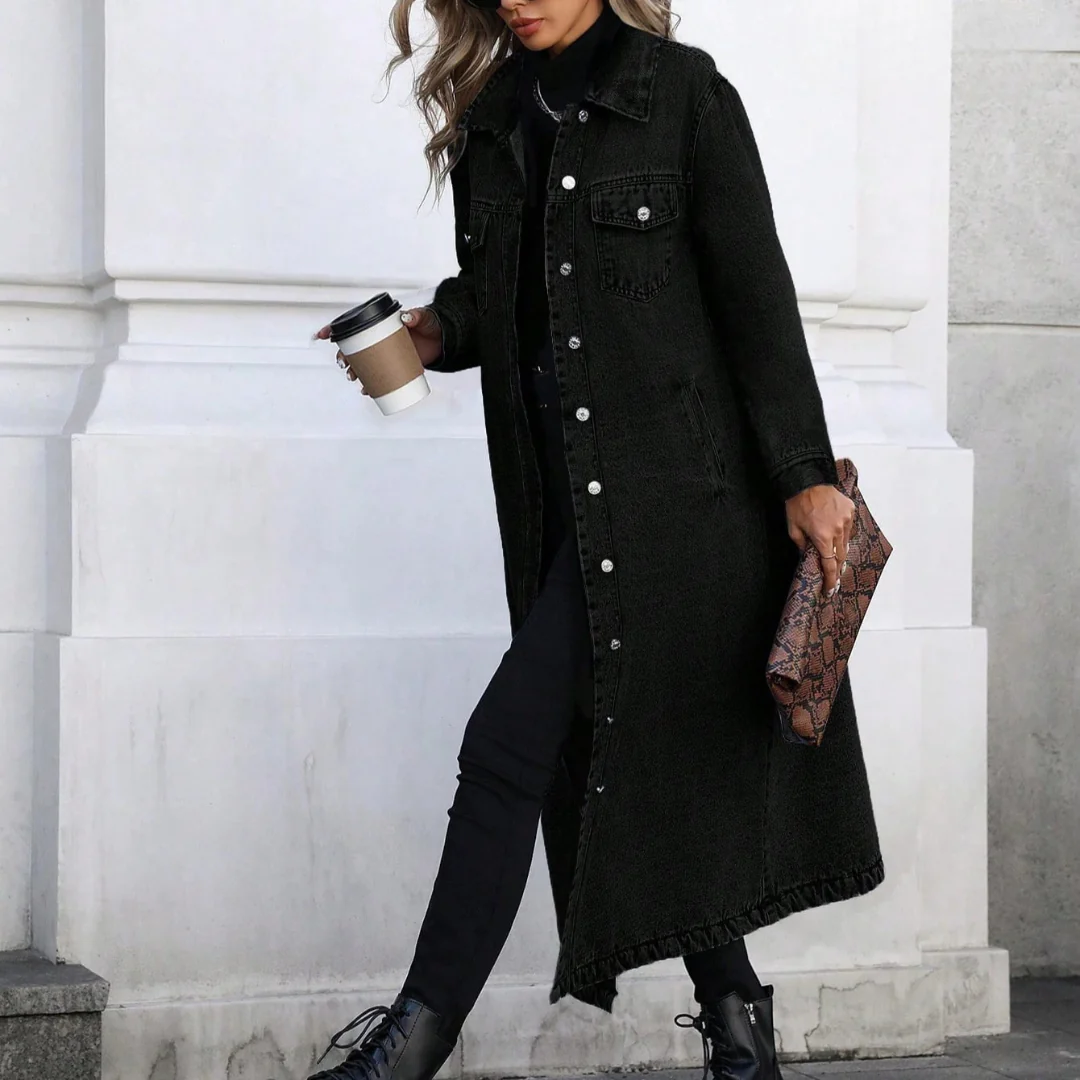 Women’s Oversized Long Denim Coat with Button-Down Front and Classic Collar - Image 7