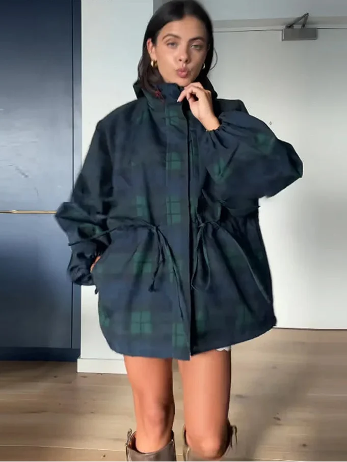 Women’s Oversized Plaid Hooded Jacket with Adjustable Waist and Utility-Inspired Design - Image 3