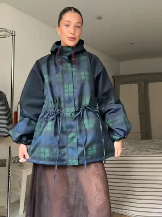 Women’s Oversized Plaid Hooded Jacket with Adjustable Waist and Utility-Inspired Design - Image 6