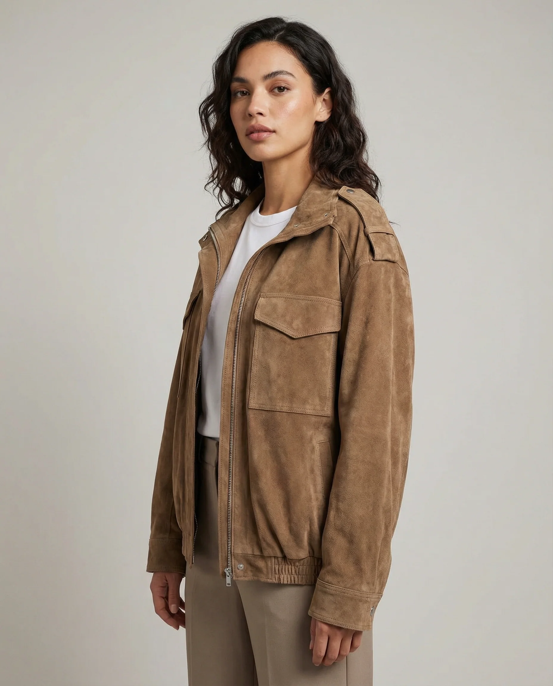 Women’s Oversized Suede Hooded Jacket with Zip Front and Utility Pocket Design - Image 2